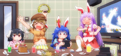 Rule 34 | &gt; &lt;, 4girls, alcohol, animal ears, beer, beer mug, black hair, blonde hair, blue dress, blue hair, blush, carrot necklace, chopsticks, commentary request, cup, dress, drink, earclip, closed eyes, flat cap, floppy ears, food, french fries, hat, highres, holding, holding microphone, inaba tewi, indoors, instrument, karaoke, kune-kune, matty (zuwzi), menu, microphone, midriff, mug, multiple girls, music, navel, necklace, necktie, open mouth, orange shirt, phone, pink dress, puffy short sleeves, puffy sleeves, purple hair, rabbit ears, red eyes, reisen udongein inaba, ringo (touhou), seiran (touhou), shirt, short sleeves, singing, skirt, socks, spoon, table, tambourine, touhou, utensil in mouth