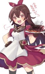Rule 34 | 1girl, puff of air, amber (genshin impact), apron, black thighhighs, blush, breasts, brown eyes, brown gloves, brown hair, dress, food, genshin impact, gloves, goggles, goggles around neck, hair between eyes, hair ribbon, highres, holding, holding plate, long hair, meat, official alternate costume, plate, red dress, red ribbon, ribbon, shirase (shirose), simple background, small breasts, smoke, solo, thighhighs, translation request, white apron, white background