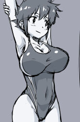 arm_up breasts honoo_no_toukyuuji:_dodge_danpei ichigeki_haruka large_breasts mature_female monochrome one-piece_swimsuit short_hair swimsuit