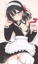 Rule 34 | 1girl, apron, back bow, bad id, bad twitter id, bare shoulders, bed sheet, black bra, black hair, blue eyes, blush, bow, bra, breasts, breath, collarbone, commentary request, detached collar, dress, frilled apron, frills, from above, gluteal fold, head tilt, highres, layla (mino), long sleeves, lying, maid, nonono (mino), off shoulder, on back, on bed, open clothes, open dress, original, panties, pantyshot, parted lips, short hair, small breasts, solo, sweat, thighhighs, unbuttoned, underwear, upskirt, white apron, white bow, white panties, white thighhighs