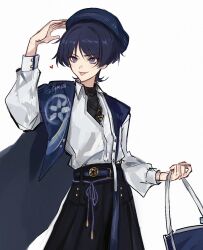 Rule 34 | 1boy, adapted costume, artist name, bag, belt, beret, black pants, black shirt, blue bag, blue belt, blue cape, blue hat, blunt ends, buttons, cape, clenched hand, collared shirt, eyeshadow, floral print, genshin impact, gold trim, hands up, hat, heart, highres, holding, holding bag, jewelry, long sleeves, looking to the side, makeup, male focus, necklace, pants, puffy long sleeves, puffy sleeves, purple eyes, purple hair, purple ribbon, red eyeshadow, ribbon, scaramouche (genshin impact), sgm618, shirt, short hair, simple background, smile, solo, standing, t-shirt, tongue, tongue out, turtleneck, wanderer (genshin impact), white background, white shirt