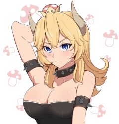 Rule 34 | 1girl, arm behind head, arm strap, black dress, blonde hair, blue eyes, bowsette, breasts, cleavage, closed mouth, collar, collarbone, dress, fang, fang out, hair between eyes, hair down, large breasts, lizta, long hair, mario (series), nintendo, solo, strapless, strapless dress, super crown, super mario odyssey, upper body, white background