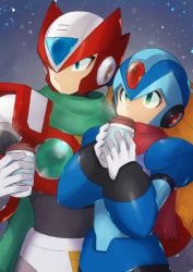 Rule 34 | 2boys, android, armor, blonde hair, blue armor, blue eyes, breath, closed mouth, commentary, covering own mouth, cowboy shot, cup, dated, disposable cup, gloves, green eyes, green scarf, helmet, holding, holding cup, long scarf, looking afar, male focus, mega man (series), mega man x (series), mega man x dive, multiple boys, outdoors, red scarf, scarf, standing, tobitori, white gloves, x (mega man), zero (mega man)