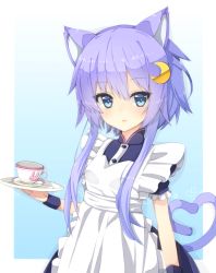 Rule 34 | 10s, 1girl, alternate costume, animal ears, apron, arm at side, blue background, blue eyes, blush, buttons, cat ears, cat tail, crescent, crescent hair ornament, cup, dress, eyebrows, flower, gradient background, hair ornament, holding, kantai collection, kemonomimi mode, long hair, maid, parted lips, plate, puffy short sleeves, puffy sleeves, purple hair, rabbit, rateratte, saucer, short hair with long locks, short sleeves, solo, tail, upper body, white apron, wristband, yayoi (kancolle)