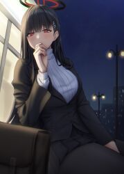 Rule 34 | 1girl, absurdres, black bag, black hair, black jacket, black pantyhose, black skirt, blue archive, blush, breasts, gileu, hair ornament, halo, highres, jacket, large breasts, long hair, long sleeves, looking at viewer, night, outdoors, pantyhose, pleated skirt, red eyes, rio (blue archive), skirt, solo, sweater, thighs, turtleneck, turtleneck sweater, white sweater