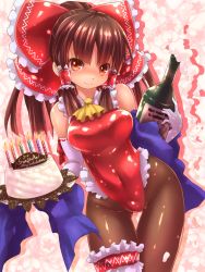 Rule 34 | 1girl, alcohol, alternate costume, ascot, bare shoulders, blush, bottle, bow, breasts, bridal garter, brown eyes, brown hair, brown pantyhose, cake, candle, champagne, elbow gloves, female focus, food, gloves, hair bow, hair tubes, hakurei reimu, highres, large breasts, leotard, looking at viewer, pantyhose, red leotard, sake bottle, smile, solo, thigh strap, touhou, tray, tsukigami chronica, white gloves