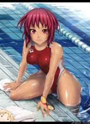 Rule 34 | 1girl, :3, animal ears, arm support, bare shoulders, barefoot, breasts, collarbone, competition swimsuit, doll, female focus, fingernails, goggles, unworn goggles, highres, hip focus, inoue makito, lane line, legs, letterboxed, light smile, lips, looking at viewer, one-piece swimsuit, original, outdoors, pool, poolside, red eyes, red hair, red one-piece swimsuit, ripples, shiny skin, short hair, smile, solo, swim cap, swimsuit, tan, thighs, towel, water, wet