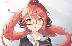 Rule 34 | 1girl, black jacket, black ribbon, blurry, blush, buttons, collared shirt, commentary request, eyelashes, floating hair, glasses, grey background, hair ribbon, highres, jacket, long hair, looking at viewer, necktie, orange hair, original, parted lips, ribbon, shirt, solo, synn032, upper body, water drop, white shirt, yellow eyes, yellow necktie
