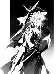 Rule 34 | 1girl, arknights, backless dress, backless outfit, border, bug, butterfly, butterfly on hand, butterfly on head, cheonyeon-hi, coif, cowboy shot, dress, expressionless, gloves, highres, insect, long sleeves, looking at viewer, monochrome, short hair, solo, whisperain (arknights), whisperain (priory of abyss) (arknights)