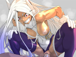Rule 34 | 10s, 1boy, 1girl, animal ears, bar censor, bare shoulders, boku no hero academia, breasts, breasts out, censored, clothed sex, clothing aside, covered erect nipples, creepy smile, cum, cum in pussy, dark-skinned female, dark skin, don (rg06268), erection, girl on top, gloves, hetero, highres, large breasts, leaning forward, leotard, leotard aside, light areolae, long hair, mirko, mosaic censoring, muscular, muscular female, naughty face, nipples, penis, pussy, rabbit ears, rabbit girl, red eyes, sex, smile, solo focus, spread legs, sweat, thick thighs, thighhighs, thighs, vaginal, very long hair, white hair
