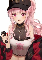 Rule 34 | 1girl, bare shoulders, baseball cap, black hat, breasts, collarbone, crop top, fishnets, hat, highres, holding, hololive, hololive english, jacket, jewelry, long hair, long sleeves, looking at viewer, medium breasts, microphone, midriff, mori calliope, mori calliope (streetwear), nail polish, navel, necklace, nicccolee, off shoulder, official alternate costume, open clothes, open jacket, open mouth, pink hair, ponytail, red eyes, red jacket, shirt, sidelocks, simple background, smile, solo, strap slip, upper body, v-shaped eyebrows, virtual youtuber, white background, white shirt