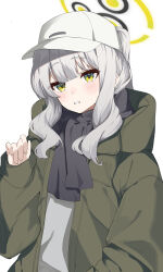 Rule 34 | 1girl, absurdres, black scarf, blue archive, blush, commentary, comorebi, english commentary, green eyes, green halo, green jacket, grey hair, grin, halo, hare (blue archive), hare (camp) (blue archive), hat, highres, jacket, long hair, long sleeves, looking at viewer, official alternate costume, open clothes, open jacket, scarf, simple background, smile, solo, upper body, white background, white hat