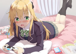 Rule 34 | 1girl, bedroom, blonde hair, blush, book, cellphone, controller, curtains, game controller, gamers!, gotyou, green eyes, grey skirt, hair between eyes, holding, indoors, long hair, lying, miniskirt, nose blush, on bed, on stomach, open book, open mouth, phone, pillow, pleated skirt, sidelocks, skirt, smartphone, solo, tendou karen, wavy mouth