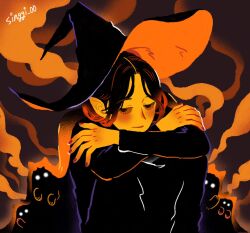 Rule 34 | 1girl, artist name, black hair, black hat, brown nails, brown sclera, colored sclera, colored skin, hat, highres, knees up, long sleeves, orange skin, orange theme, original, sgsg612, solo, witch, witch hat