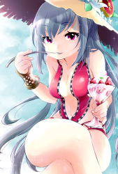 Rule 34 | 1girl, bangle, bracelet, collarbone, food, fruit, gradient background, hat, highres, ice cream, jewelry, looking at viewer, midriff, navel, no eyewear, pikomarie, puzzle &amp; dragons, red eyes, silver hair, solo, spoon, squatting, strawberry, sun hat, sundae, swimsuit, urd (p&amp;d)