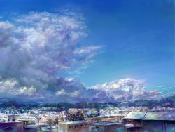 Rule 34 | blue sky, building, cityscape, cloud, day, faux traditional media, heriki (trkj), no humans, original, scenery, sky, town