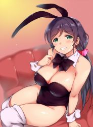 Rule 34 | 1girl, animal ears, black bow, black bowtie, black leotard, blush, bow, bowtie, breasts, cleavage, couch, detached collar, duke (inu daimyou), fake animal ears, grin, hair ornament, hair scrunchie, hairband, hand on own chest, large breasts, leotard, long hair, looking at viewer, love live!, love live! school idol project, over-kneehighs, pink scrunchie, playboy bunny, rabbit ears, scrunchie, sitting, smile, solo, strapless, strapless leotard, thighhighs, tojo nozomi, twintails, white thighhighs, wrist cuffs