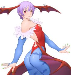 Rule 34 | 1girl, animal, animal print, bare shoulders, bat (animal), bat print, breasts, capcom, closed mouth, demon girl, fingernails, head wings, highres, leotard, lilith aensland, lips, low wings, nail polish, pantyhose, purple eyes, purple hair, red leotard, shigenobu, shiny clothes, simple background, small breasts, smile, solo, vampire (game), white background, wings
