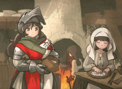 Rule 34 | armor, balance scale print, bassinet, belt, brown hair, cauldron, fireplace, gambeson, gauntlets, gloves, habit, helmet, highres, ironlily, jug (bottle), lady lucerne (ironlily), long hair, medieval, milk, multiple girls, ordo mediare sisters (ironlily), standing, surcoat, table, twin braids sister (ironlily)