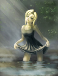 Rule 34 | 1girl, aya brea, bare shoulders, black dress, blonde hair, breasts, clothes lift, dress, female focus, green eyes, long hair, nature, outdoors, parasite eve, skirt, skirt lift, solo, water, winrei