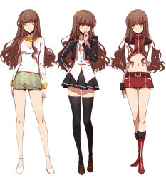 Rule 34 | 10s, 1girl, alternate costume, black thighhighs, boots, brown hair, cosplay, costume chart, costume request, cropped jacket, fate/extra, fate/extra ccc, fate (series), full body, gilgamesh (fate), gilgamesh (fate) (cosplay), gilgamesh (immoral biker jacket) (fate), hand on own hip, jewelry, kishinami hakuno (female), liusang, long hair, looking at viewer, midriff, miniskirt, multiple persona, navel, necklace, official alternate costume, skirt, standing, thighhighs, white background, yellow eyes, zettai ryouiki