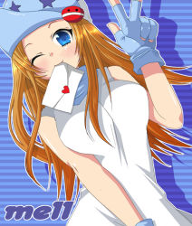 Rule 34 | 1girl, blue eyes, blue hat, breasts, breasts squeezed together, clip, fingerless gloves, futaba 841, gloves, hair ornament, hairclip, hat, letter, mel (pop&#039;n music), mell (pop&#039;n music), mouth hold, one eye closed, orange hair, pop&#039;n music, solo, v, wink