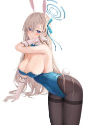 Rule 34 | 1girl, animal ears, asuna (blue archive), blonde hair, blue archive, blue eyes, blue leotard, blue ribbon, blush, breasts, cleavage, closed mouth, covered navel, crossed bangs, fake animal ears, fake tail, gloves, hair between eyes, hair ribbon, halo, hand in own hair, highres, large breasts, leaning forward, leotard, long hair, looking at viewer, official alternate costume, paid reward available, pantyhose, playboy bunny, rabbit ears, rabbit tail, revision, ribbon, ru zhai, sideboob, simple background, smile, solo, tail, thighband pantyhose, very long hair, white background, white gloves