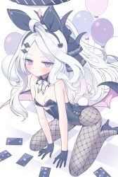 Rule 34 | 1girl, ace (playing card), ace of hearts, ahoge, animal ears, balloon, bare shoulders, black footwear, black gloves, black hairband, black leotard, black ribbon, blue archive, blush, bow, bow hairband, breasts, card, cleavage, closed mouth, club hair ornament, demon, demon girl, demon horns, demon wings, detached collar, fake animal ears, fake tail, fishnet pantyhose, fishnets, five of hearts, forehead, gloves, hair ornament, hair ribbon, hairband, hairclip, halo, heart, high heels, highres, hina (blue archive), horns, leotard, long hair, looking at viewer, low wings, multiple horns, nehan (gedatsu nehan), pantyhose, parted bangs, playboy bunny, playing card, ponytail, purple eyes, rabbit ears, rabbit girl, rabbit tail, ribbon, sidelocks, simple background, sitting, six of hearts, small breasts, solo, tail, three of hearts, tiara, two of hearts, v-shaped eyebrows, very long hair, wariza, white background, white bow, white hair, wings