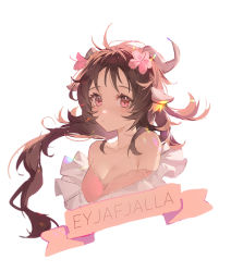Rule 34 | 1girl, ahoge, amo (amo9612), animal ears, arknights, bikini, blush, breasts, brown hair, character name, cleavage, collarbone, cropped torso, eyjafjalla (arknights), eyjafjalla (summer flower) (arknights), flower, frills, hair flower, hair ornament, highres, horns, long hair, looking at viewer, off-shoulder bikini, off shoulder, official alternate costume, pink bikini, pink eyes, pink flower, sheep ears, sheep girl, sheep horns, simple background, solo, swimsuit, white background