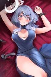 Rule 34 | 1girl, ako (blue archive), ako (dress) (blue archive), armpits, black footwear, blue archive, blue dress, blue eyes, blue hair, blue halo, bracelet, breasts, commentary request, dress, halo, highres, jewelry, large breasts, looking at viewer, lying, medium hair, narushima kanna, official alternate costume, on back, shoes, single handcuff, smile, solo, thighs, unworn shoes