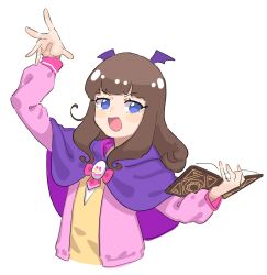 Rule 34 | 1girl, :d, blue eyes, blush, book, brown hair, cropped torso, fugota6509, highres, holding, holding book, jacket, kurosu aroma, long hair, long sleeves, looking at viewer, open book, open mouth, paprika private academy school uniform, pink jacket, pretty series, pripara, school uniform, simple background, smile, solo, upper body, white background, wing hair ornament