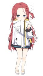 Rule 34 | 1girl, bare legs, blue archive, blue eyes, blush, commentary request, forehead, full body, highres, id card, jacket, red hair, sandals, school uniform, shaking, simple background, slippers, tonari (ichinichime azuma), white background, yuzu (blue archive)
