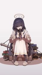 Rule 34 | 1girl, absurdres, black hair, black legwear, blue archive, blue hairband, blue neckerchief, bolt action, book, book stack, brown footwear, cardigan, crossed bangs, gun, hairband, halo, highres, holding, holding book, if f, jewelry, long hair, long sleeves, looking at viewer, low twintails, neckerchief, necklace, off shoulder, purple eyes, sailor collar, school uniform, serafuku, simple background, sitting, skirt, sleeves past wrists, slippers, solo, suitcase, twintails, ui (blue archive), very long hair, weapon, white sailor collar, white skirt