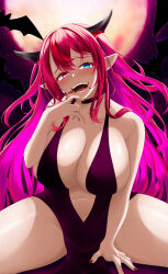 Rule 34 | 1girl, absurdres, alternate breast size, bat (animal), black dress, blood, blood on face, blue eyes, blush, breasts, choker, cleavage, curvy, dress, full moon, heterochromia, highres, hololive, hololive english, horns, huge breasts, irys (hololive), large breasts, long hair, long pointy ears, mee don, moon, navel, night, open mouth, pink eyes, pink hair, plunging neckline, pointy ears, red nails, sharp teeth, smile, solo, teeth, thick thighs, thighs, vampire, very long hair, virtual youtuber