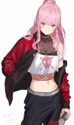 Rule 34 | 1girl, arm strap, black jacket, black pants, blush, breasts, cleavage, closed mouth, cowboy shot, crop top, crop top overhang, fishnet top, fishnets, hair between eyes, half updo, hand in pocket, highres, holding, holding microphone, hololive, hololive english, isshiki (ffmania7), jacket, jewelry, light smile, long hair, looking at viewer, medium breasts, microphone, midriff, mori calliope, mori calliope (streetwear), multicolored clothes, multicolored jacket, navel, necklace, off shoulder, official alternate costume, open clothes, open jacket, pants, pink hair, ponytail, red eyes, red jacket, see-through, shirt, sidelocks, signature, simple background, skull print, solo, twitter username, two-tone jacket, virtual youtuber, white background, white shirt