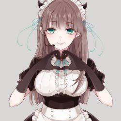 Rule 34 | 1girl, apron, blush, breasts, brown gloves, brown hair, brown skirt, center frills, chisumi, closed mouth, commentary request, elbow gloves, frilled apron, frills, gloves, green eyes, grey background, hands up, headset, heart, heart hands, highres, horns, large breasts, long hair, maid headdress, original, pointy ears, puffy short sleeves, puffy sleeves, short sleeves, simple background, skirt, smile, solo, very long hair, waist apron, white apron