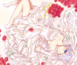 Rule 34 | 1girl, armpits, bare shoulders, blue eyes, blush, bouquet, breasts, bridal veil, cleavage, covered navel, daisy, dress, elbow gloves, flower, gloves, gok (gok 99), high heels, highres, knee up, lying, no legwear, one eye closed, original, parted lips, purple hair, red flower, red rose, ribbon, rose, short hair, solo, strapless, strapless dress, veil, wedding dress, white footwear, white gloves, yellow ribbon