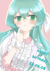 Rule 34 | 1girl, arm at side, assault lily, blue shirt, blush, bow, center frills, collared shirt, commentary, crossed bangs, dated, frilled shirt, frilled sleeves, frills, fumi (fumifumi3axl), green eyes, green hair, hair between eyes, hair bow, half updo, hand up, happy birthday, highres, jewelry, long hair, long sleeves, looking at viewer, multicolored shirt, no pupils, official alternate costume, parted lips, pink background, pink shirt, ring, shirt, simple background, solo, toki kureha, upper body, white bow, white shirt, wrist cuffs