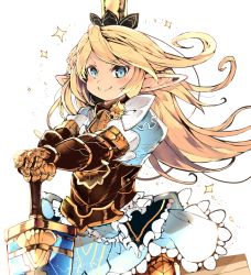 Rule 34 | &gt;:), 1girl, armor, armored dress, blonde hair, blue dress, blue eyes, charlotta (granblue fantasy), closed mouth, commentary request, crown, dress, frilled dress, frills, gauntlets, granblue fantasy, hands on hilt, harvin, highres, kyuu (plastic night q), long hair, looking at viewer, mini crown, outstretched arms, pointy ears, puffy short sleeves, puffy sleeves, short sleeves, smile, solo, sparkle, sword, v-shaped eyebrows, very long hair, weapon, white background