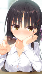 Rule 34 | 1girl, :&lt;, aria (koiiroharemoyou), black hair, blush, braid, breast rest, breasts, breasts on table, cafe stella to shinigami no chou, candy, chocolate, chocolate heart, cleavage, closed mouth, collarbone, collared shirt, commentary, embarrassed, eyelashes, eyes visible through hair, fingernails, flower, food, frown, full-face blush, hair between eyes, hair flower, hair ornament, hair ribbon, hairclip, hand on own cheek, hand on own face, head tilt, heart, highres, holding, holding chocolate, holding food, large breasts, long hair, looking at viewer, mole, mole under eye, pink ribbon, pov, reaching, reaching towards viewer, ribbon, shiki natsume, shirt, side braid, sidelocks, simple background, solo, suspenders, sweatdrop, white background, white shirt, yellow eyes