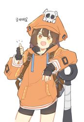Rule 34 | 1girl, backpack, bag, bandages, black gloves, blush, blush stickers, brown bag, brown hair, fingerless gloves, gloves, grey background, guilty gear, hannim 7h, hat ornament, highres, hood, hood down, hoodie, leaning, leaning on object, long hair, looking at viewer, may (guilty gear), open mouth, orange headwear, orange hoodie, simple background, skull, skull hat ornament, solo, thumbs up