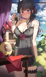 Rule 34 | 1girl, absurdres, alcohol, ama rei, bare shoulders, black hair, blunt bangs, blush, bottle, bracelet, breasts, bridal garter, camisole, cleavage, closed mouth, cowboy shot, cup, curtains, day, drink, drinking glass, highres, holding, holding cup, ice, ice cube, indoors, jewelry, koinoya mai, large breasts, long hair, looking at viewer, mole, mole under eye, necklace, propro production, purple eyes, smile, solo, table, virtual youtuber, window