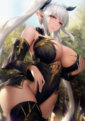 Rule 34 | 1girl, bare shoulders, black dress, black ribbon, black thighhighs, blue sky, blush, breasts, choker, cowboy shot, day, detached sleeves, dress, elf, gold trim, hair ribbon, half-closed eyes, highres, large breasts, long hair, looking at viewer, obaoba (monkeyix), original, outdoors, pelvic curtain, pointy ears, purple eyes, ribbon, sky, smile, solo, strapless, strapless dress, thighhighs, twintails, very long hair, white hair, wide sleeves