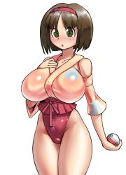 Rule 34 | 1girl, adapted costume, blush, borvar, breasts, brown hair, collarbone, creatures (company), erika (pokemon), game freak, green eyes, hairband, highleg, highres, huge breasts, japanese clothes, large breasts, looking at viewer, nintendo, parted bangs, parted lips, poke ball, pokemon, pokemon frlg, short hair, simple background, solo, thighs, white background