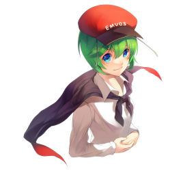 Rule 34 | 1girl, antennae, blue eyes, cape, clothes writing, dress shirt, female focus, green hair, hat, highres, own hands together, shirt, short hair, solo, touhou, tsukimoto aoi, upper body, wriggle nightbug