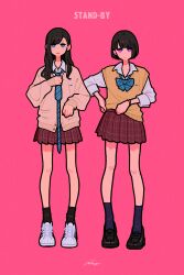 Rule 34 | 2girls, absurdres, black footwear, black hair, black socks, blue bow, blue bowtie, blue eyes, blue necktie, bow, bowtie, bright pupils, brown skirt, brown sweater vest, collared shirt, commentary, english commentary, full body, highres, long hair, long sleeves, looking at viewer, miyoshi yoshimi, multiple girls, necktie, original, parted lips, pink background, pink theme, plaid, plaid skirt, pleated skirt, purple eyes, shirt, shoes, short hair, simple background, skirt, socks, standing, striped bow, striped bowtie, striped clothes, striped necktie, sweater vest, tan sweater, white footwear, white pupils, white shirt