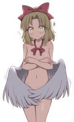 Rule 34 | !, !!, 1girl, angel wings, blush, bow, breasts, cachemerro, closed mouth, collarbone, covering breasts, covering privates, full body, gengetsu (touhou), hair bow, looking at viewer, medium breasts, medium hair, navel, nude, red bow, simple background, solo, sweatdrop, touhou, touhou (pc-98), white background, wings