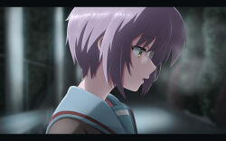 Rule 34 | 1girl, 46 crt, absurdres, blue sailor collar, blurry, blurry background, breath, brown eyes, commentary request, from side, glasses, highres, kita high school uniform, letterboxed, nagato yuki, outdoors, portrait, purple hair, sailor collar, school uniform, serafuku, short hair, solo, suzumiya haruhi no shoushitsu, suzumiya haruhi no yuuutsu, winter uniform