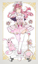 Rule 34 | 1girl, ankle wings, ascot, bad id, bad pixiv id, belt, blush stickers, border, bow, capelet, character name, creature, dress, earrings, english text, finger to mouth, flower, frilled sleeves, frills, full body, gloves, grey border, hair bow, hair flower, hair ornament, hat, head tilt, highres, instrument, jewelry, long hair, long sleeves, love live!, love live! sunshine!!, musical note, neckerchief, overskirt, piano, pink dress, pink hat, qianqian, red eyes, sakurauchi riko, solo, staff, thighhighs, white gloves, white neckwear, white thighhighs, wings, yellow eyes