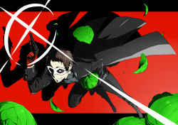 Rule 34 | 10s, 1boy, adachi tooru, amamiya ren, amamiya ren (cosplay), arizuka (catacombe), black hair, cabbage, cosplay, domino mask, gun, highres, holding, holding weapon, letterboxed, lettuce, looking at viewer, male focus, mask, persona, persona 4, persona 5, protagonist (persona 5) cosplay, red background, red eyes, smile, solo, weapon